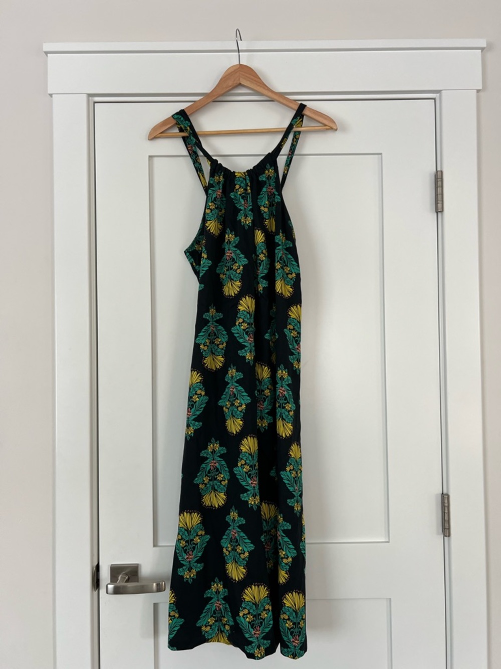 Corey Lynn Calter Navy Forsythia flower Maxi Dress with Green and Yellow motif